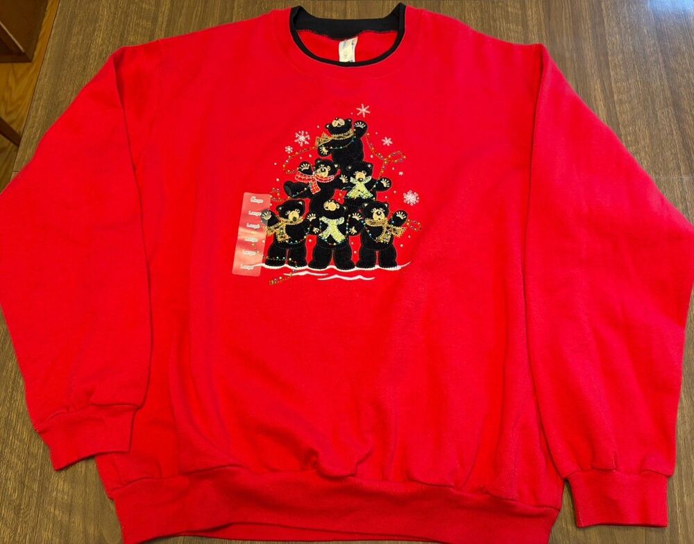 Vtg Morning Sun Bears Bedazzled Jeweled Women’s Sweatshirt Sz L Red NEW